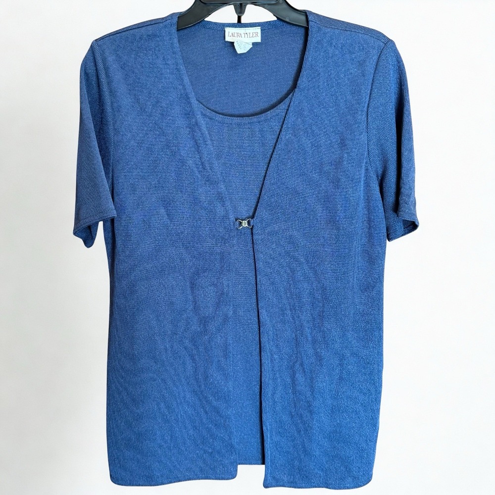 Vintage Laura Tyler Blue Knit Top Short‎ Sleeve Cardigan Twin Set Work Casual M